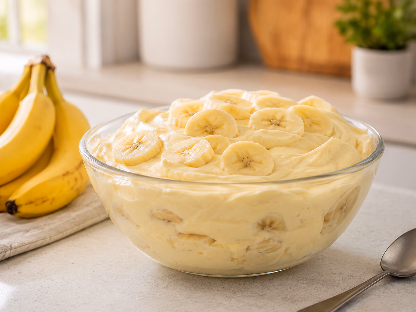 Three ingredient banana pudding in a glass dish with banana slices and vanilla wafers nearby