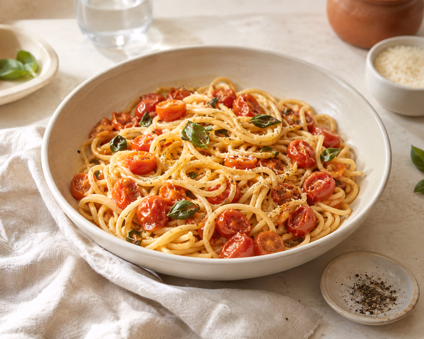 Cherry tomato pasta with burst tomatoes, basil, and Parmesan in a shallow cream bowl