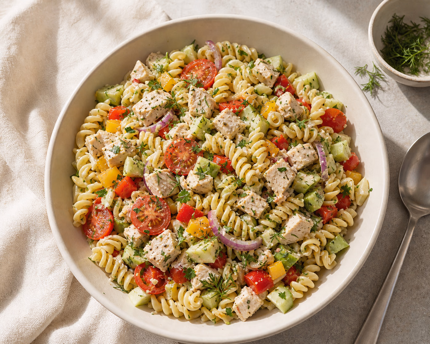 Chicken pasta salad with rotini, cooked chicken, tomatoes, cucumber, peppers, red onion, and herbs
