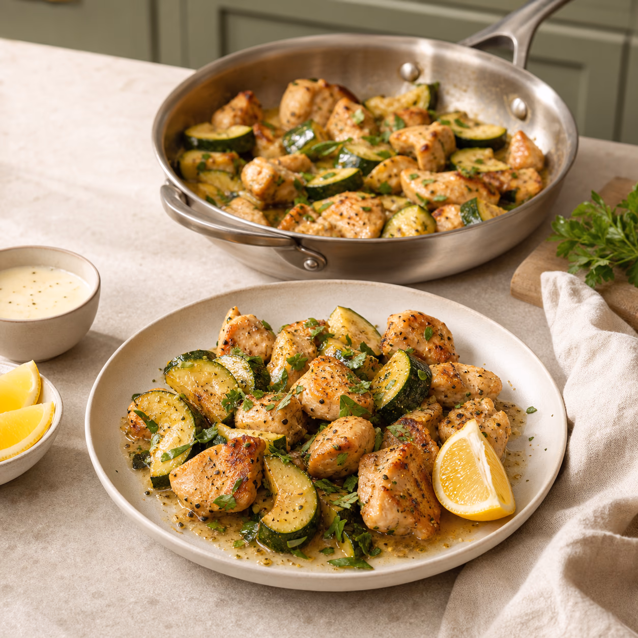 Chicken and zucchini skillet with browned chicken pieces, zucchini, lemon, herbs, and light pan sauce