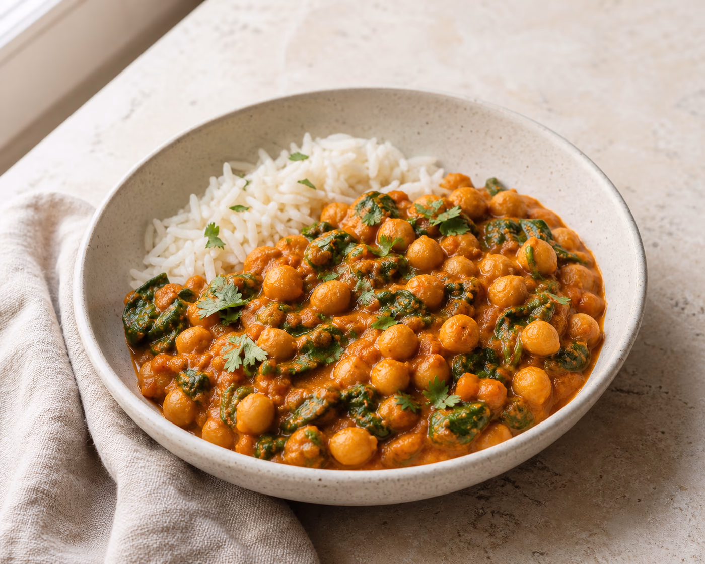 Chickpeas and spinach in a thick tomato and coconut curry sauce served with rice