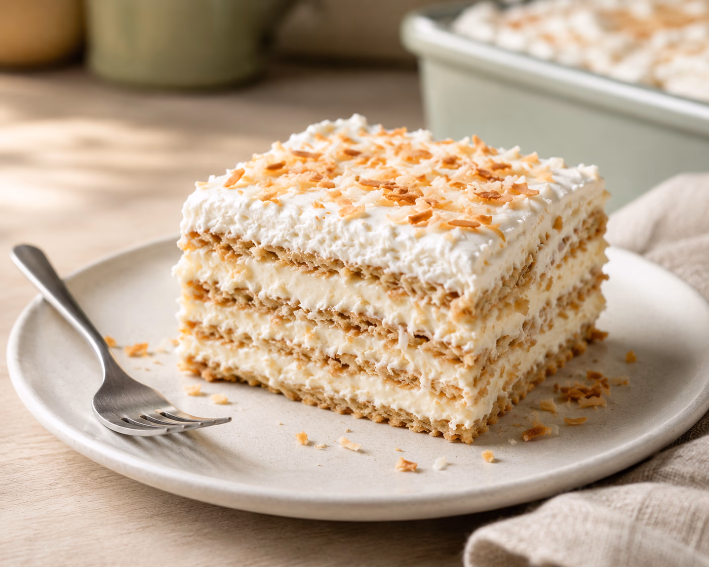 Slice of coconut icebox cake with graham cracker layers, creamy coconut filling, whipped topping, and toasted coconut