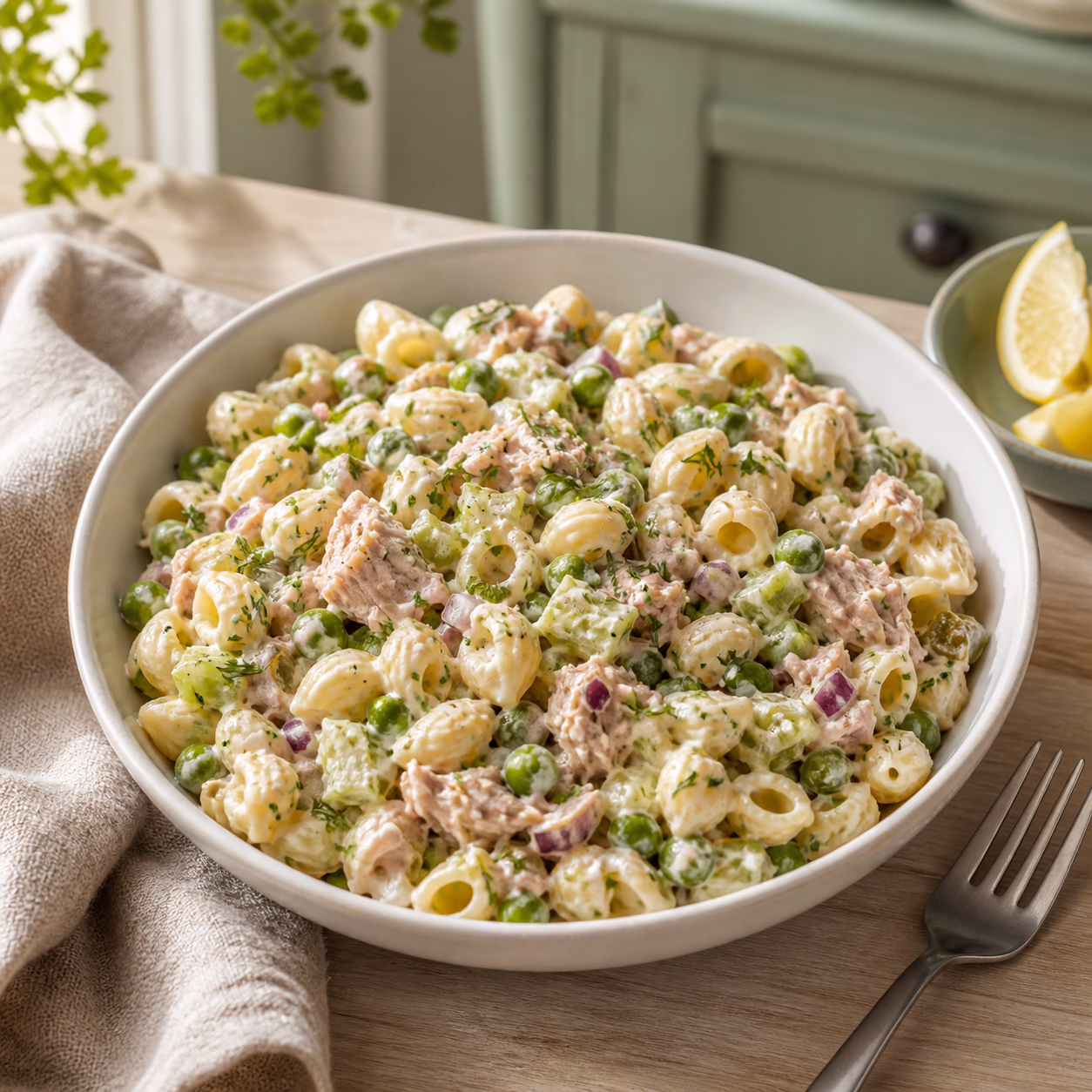Cold tuna pasta salad with peas, celery, herbs, and flaked tuna in a cream bowl