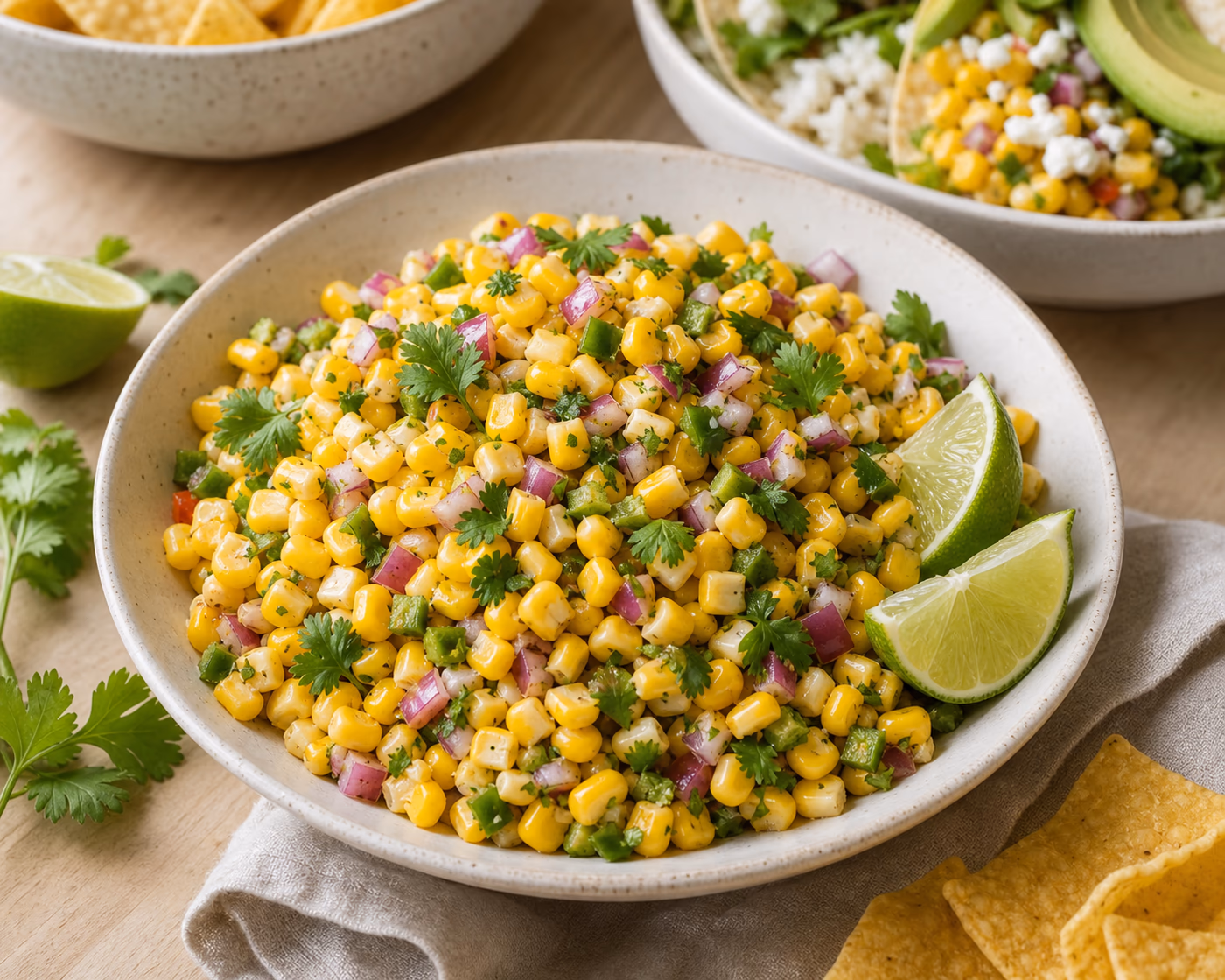 Corn salsa with lime, cilantro, jalapeno, and red onion served with tortilla chips