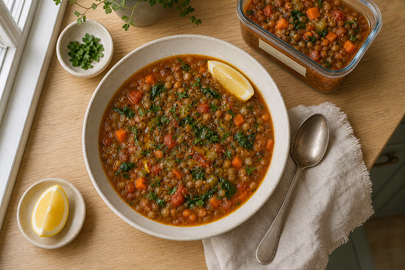 Lentil vegetable soup with carrots, tomatoes, greens, herbs, lemon, and a freezer container
