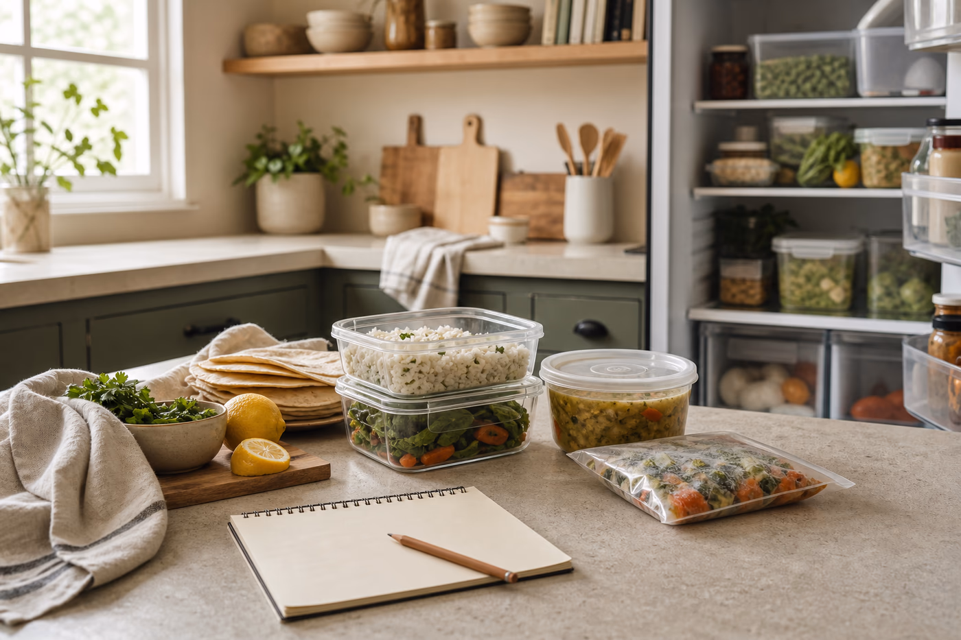 Open fridge and kitchen counter with clear leftover containers, a freezer bag, and a small meal planning notebook