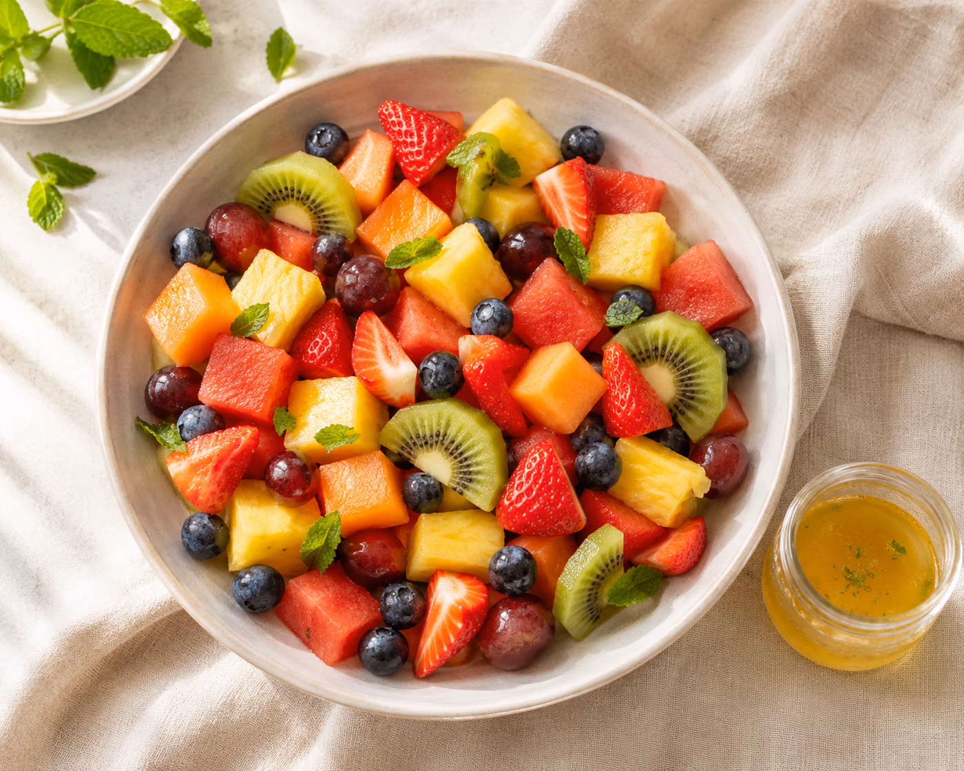 Watermelon-forward fruit salad with pineapple, strawberries, blueberries, grapes, kiwi, mint, and honey-lime dressing on the side
