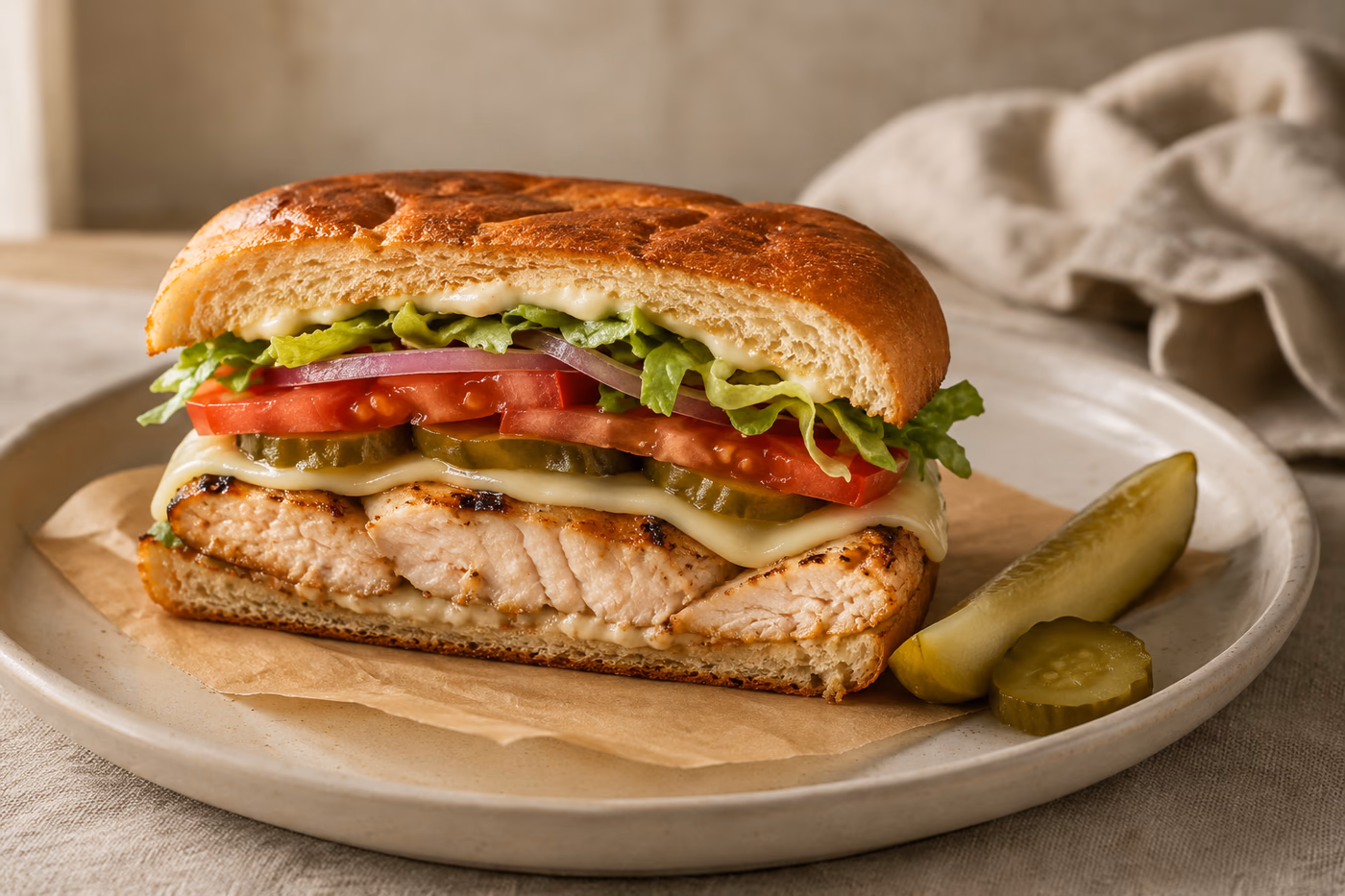 Grilled chicken sandwich with lettuce, tomato, pickles, and sauce on a toasted bun