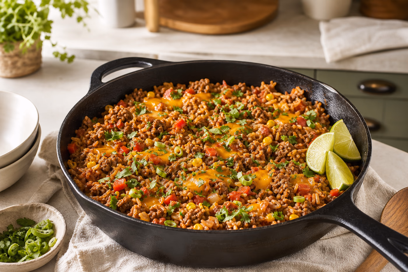 Ground beef and rice skillet with tomato-seasoned rice, corn, melted cheddar, herbs, and lime wedges