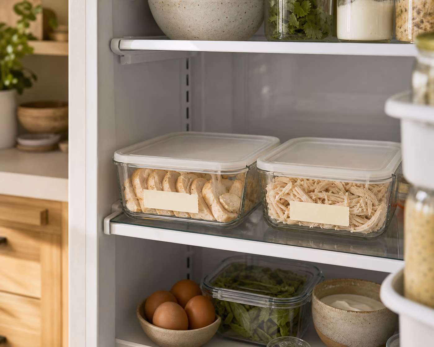 Cooked chicken stored in covered glass containers with blank date labels in the refrigerator
