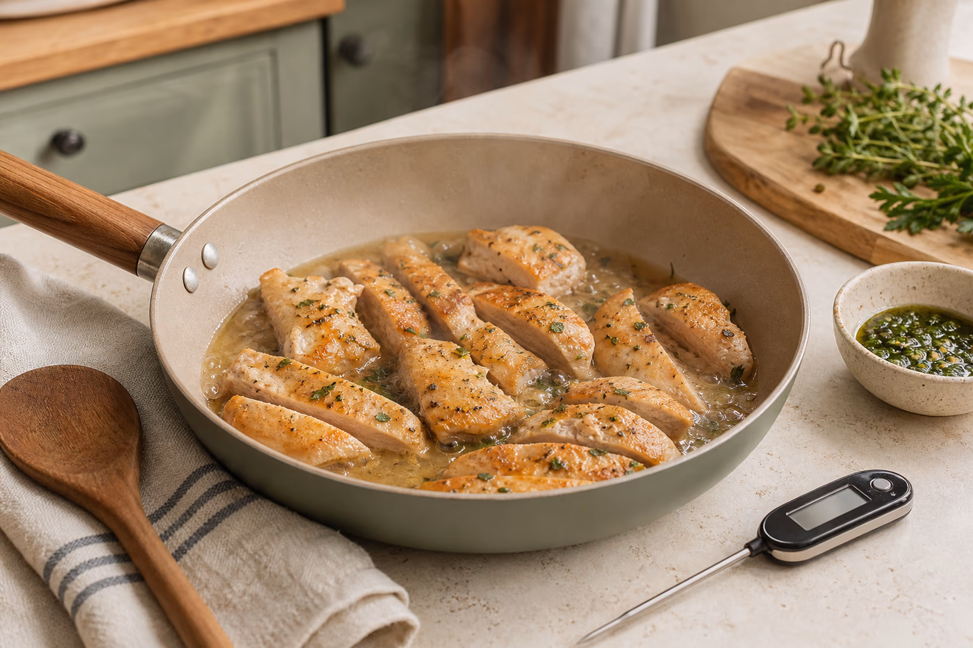 Cooked chicken slices reheating gently in a skillet with broth, herbs, and a food thermometer nearby