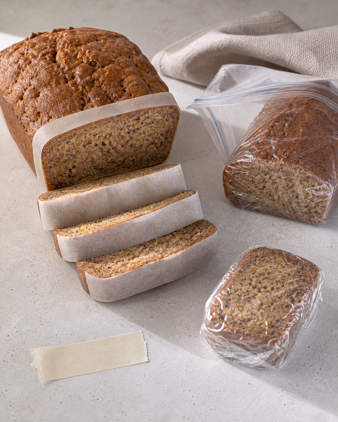 Banana bread loaf and slices wrapped for storage