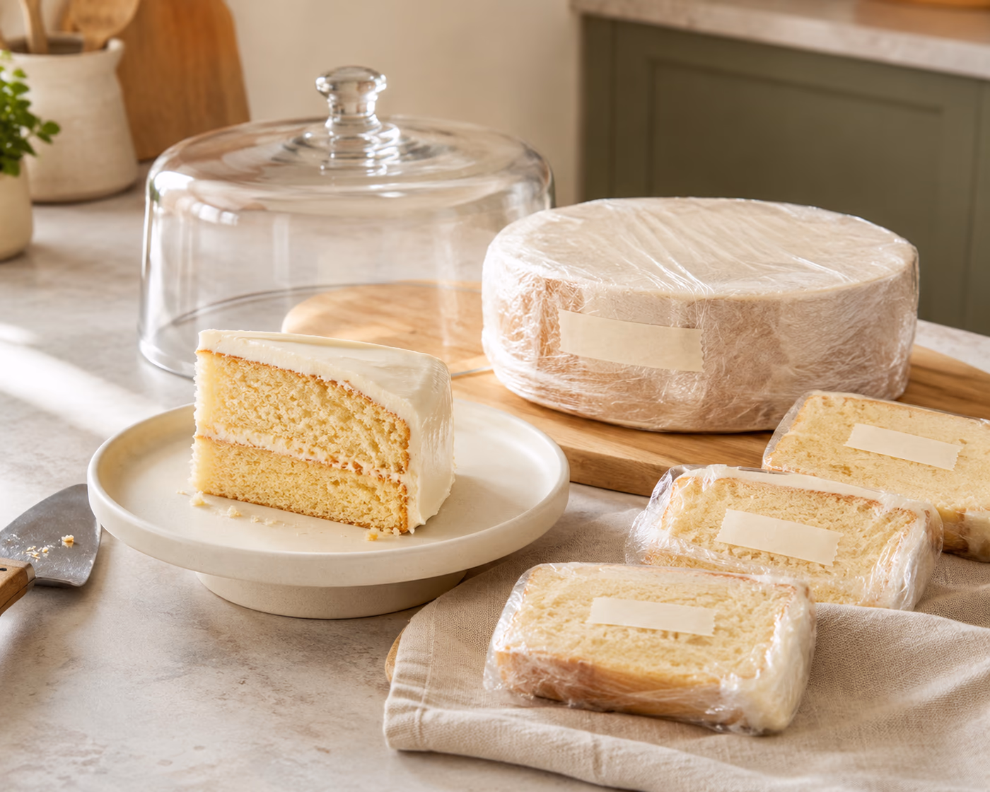 Cake slice, wrapped cake, and wrapped cake slices stored with plastic wrap, blank labels, and a glass cake dome