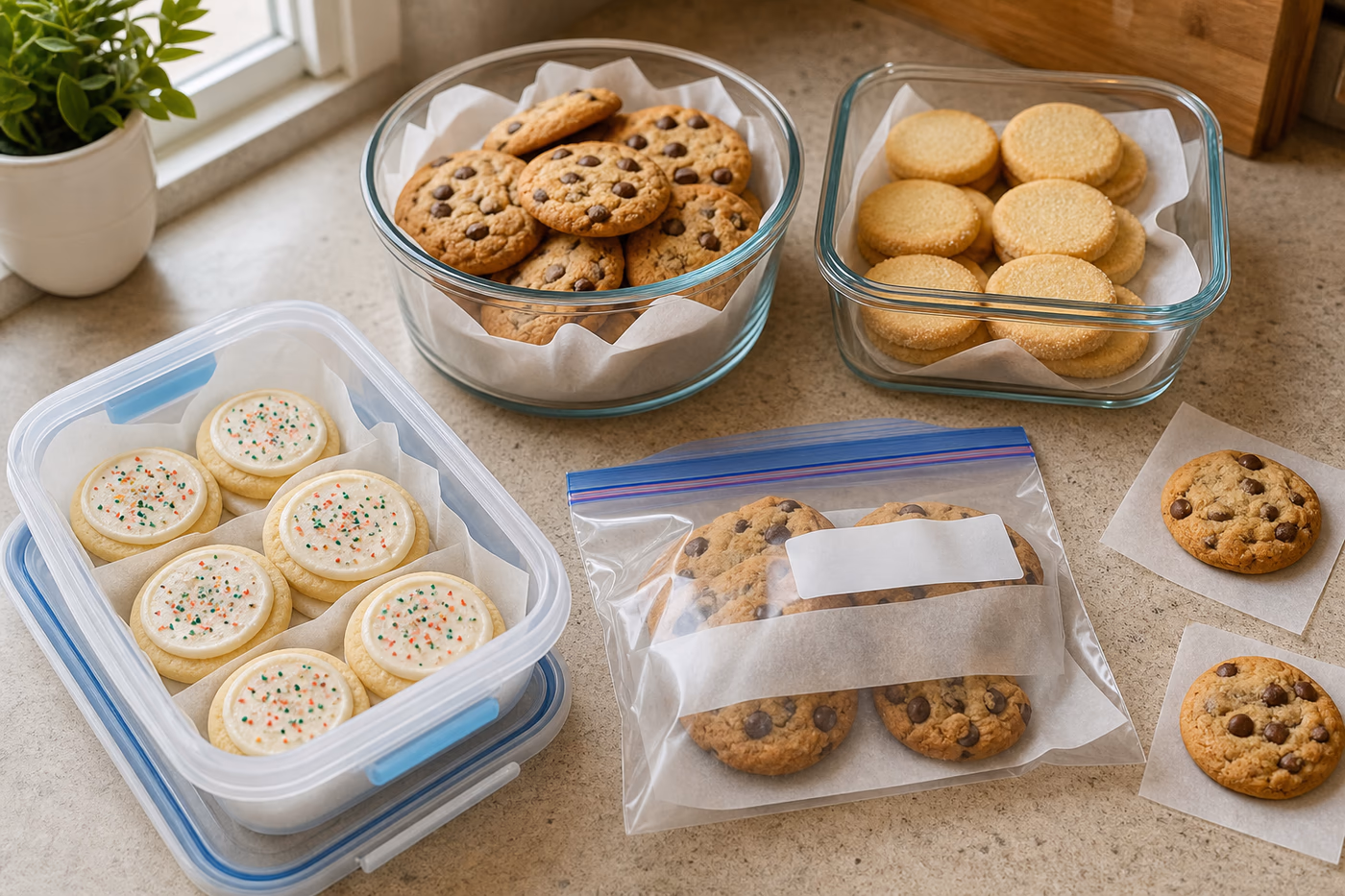 Assorted baked cookies stored in separate airtight containers with parchment and a labeled freezer bag