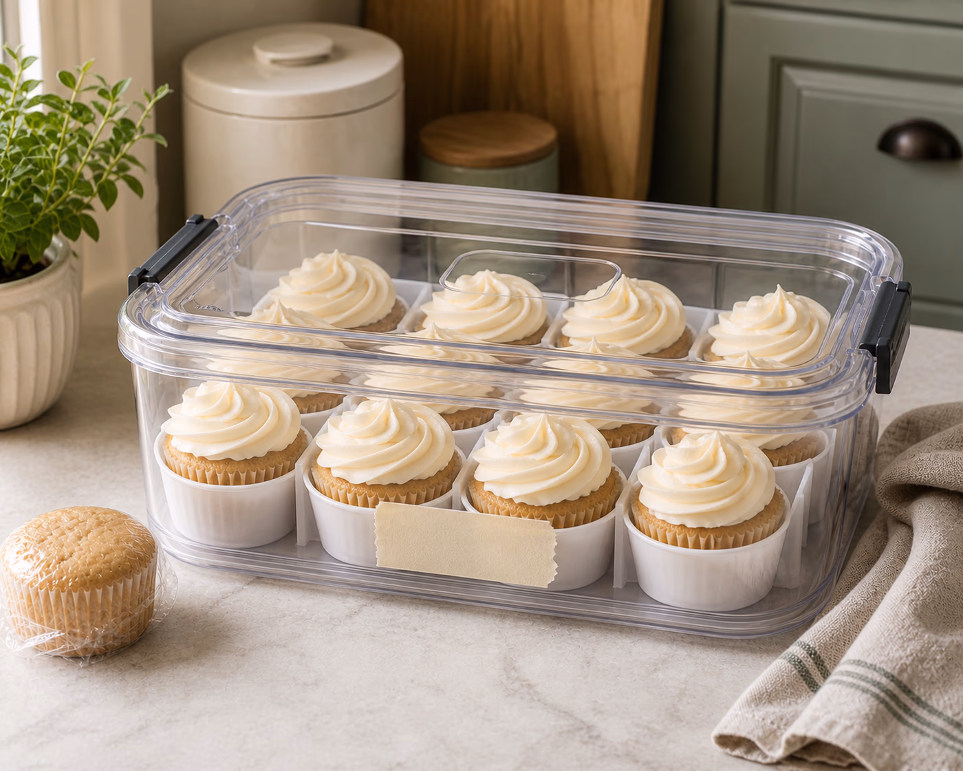 Frosted cupcakes stored in a tall covered container for cupcake storage