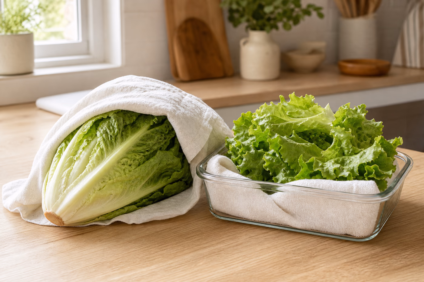 Whole lettuce and dry leaves stored with a clean towel for refrigerator storage