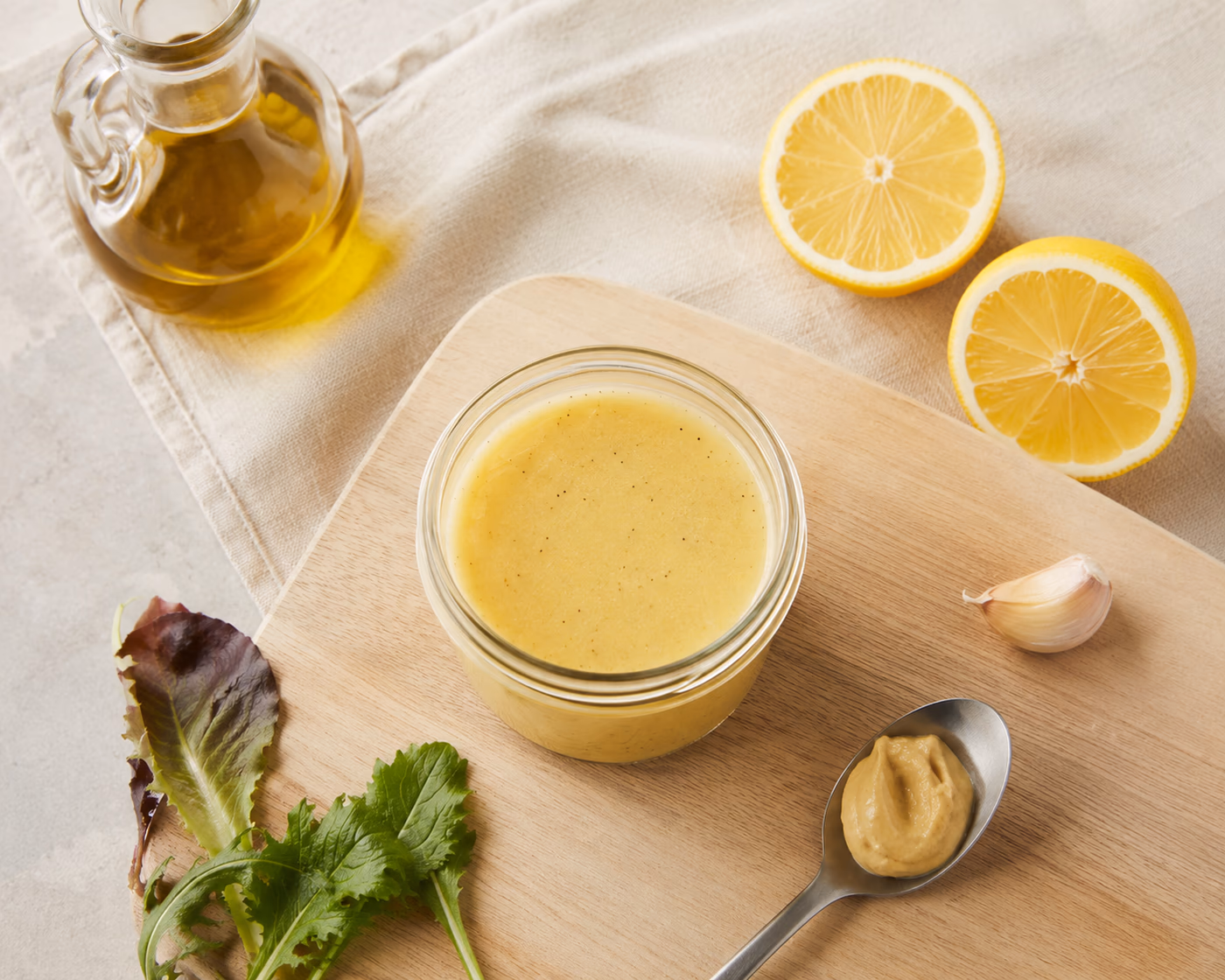 Jar of lemon vinaigrette beside fresh lemons, olive oil, Dijon mustard, garlic, and salad greens
