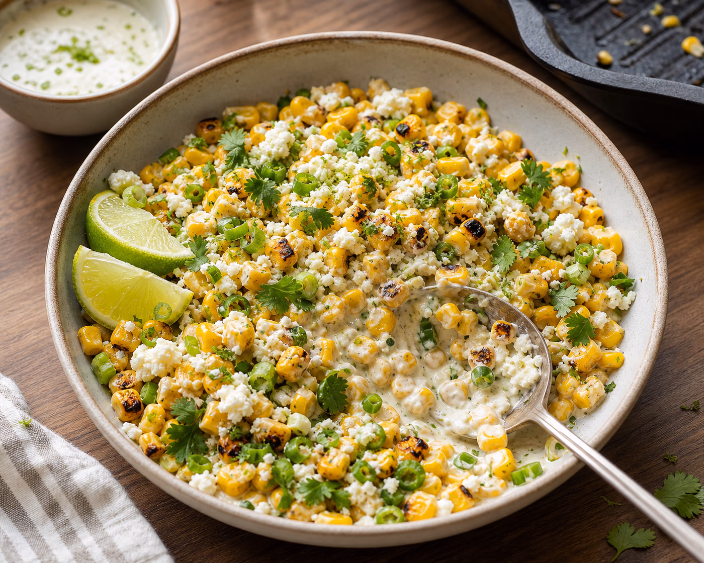 Mexican street corn salad with charred corn, cotija, cilantro, jalapeno, lime, and creamy dressing