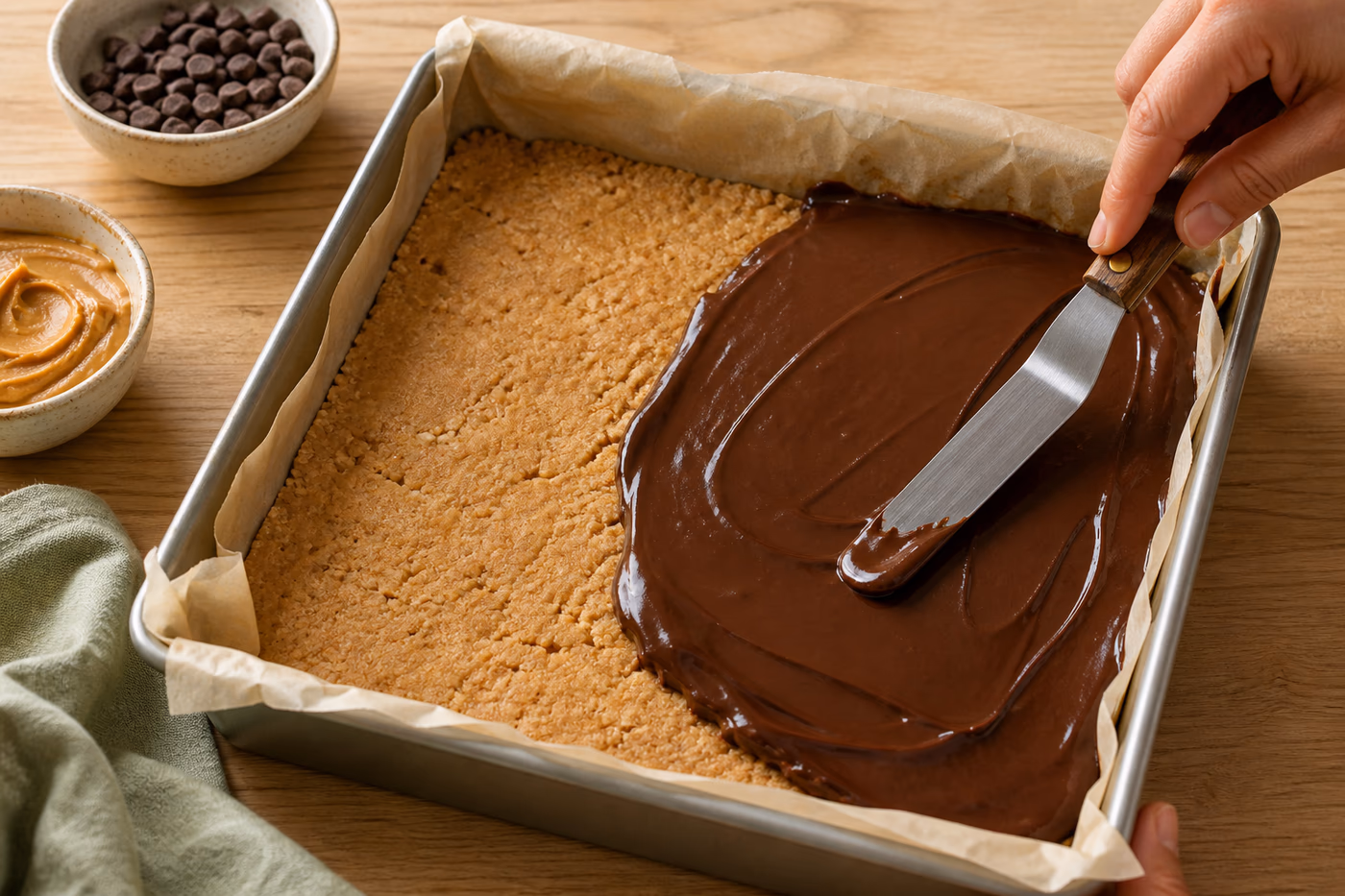 Melted chocolate being spread over a pressed peanut butter graham base in a parchment-lined pan