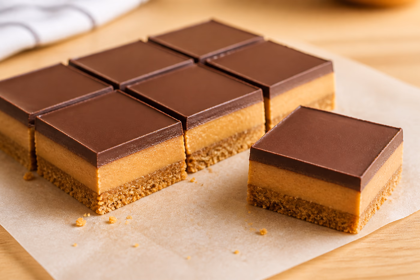 Sliced no-bake peanut butter bars showing a graham crumb base, peanut butter layer, and chocolate top
