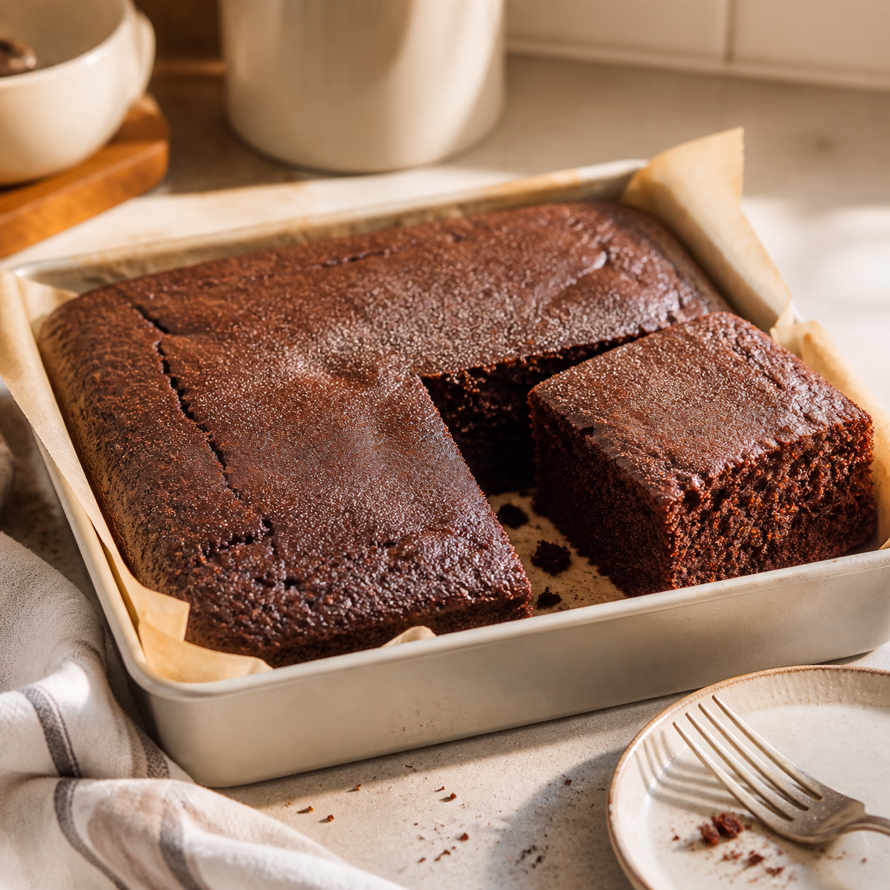 One bowl chocolate cake in a square pan with one slice lifted to show a moist chocolate crumb