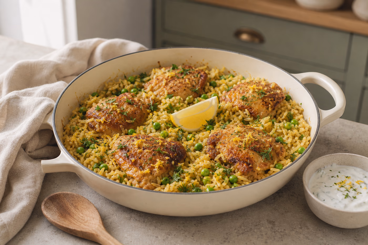 Golden chicken thighs nestled in rice with peas, lemon, herbs, and yogurt sauce