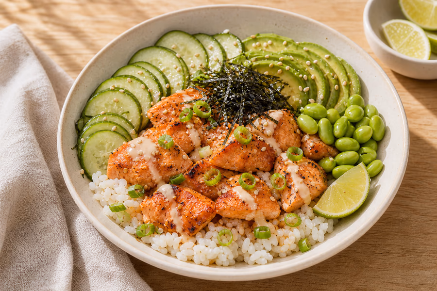 Cooked salmon rice bowl with cucumber, avocado, edamame, scallions, sesame, nori, and lime