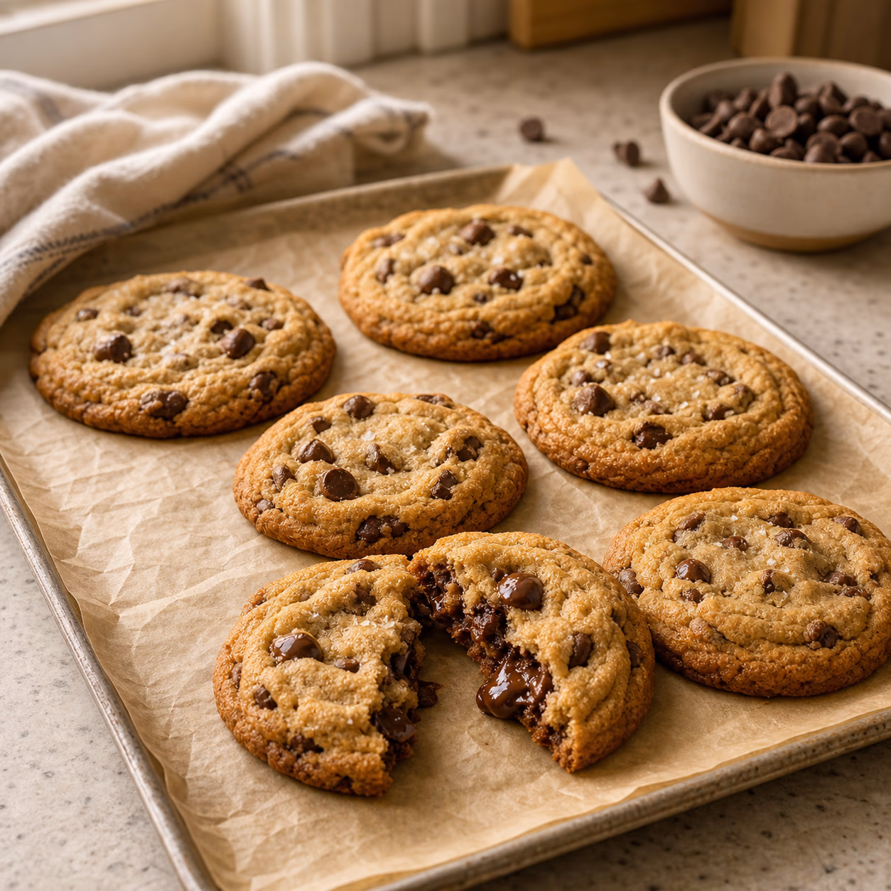 Six small batch chocolate chip cookies on parchment with one broken open to show melted chocolate