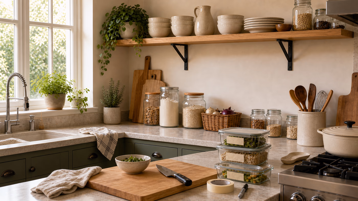 Mara's kitchen with the left-window sink, prep counter, cutting table, stove, and storage containers