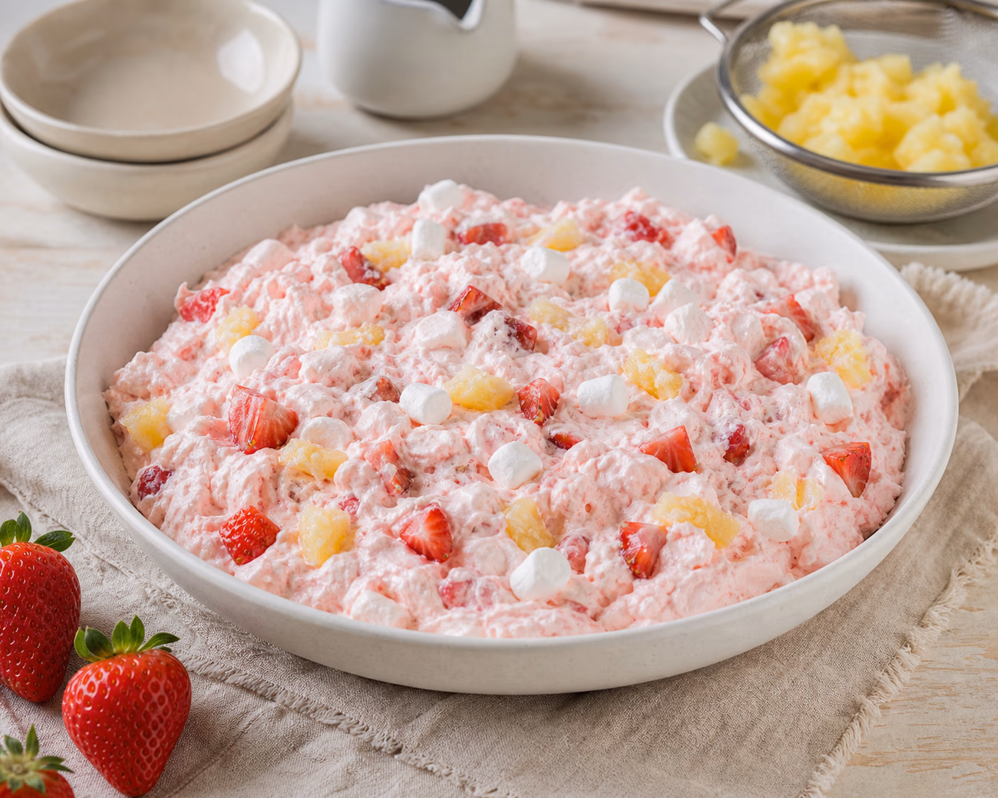 Bowl of pink strawberry fluff with fresh strawberries, pineapple, and mini marshmallows