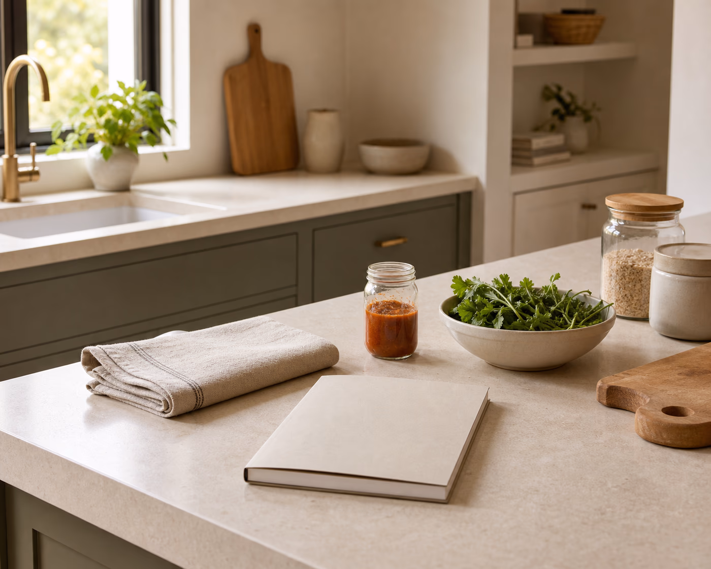 Clean kitchen counter with a towel, herbs, a sauce jar, notebook, and simple staples for a Sunday kitchen reset