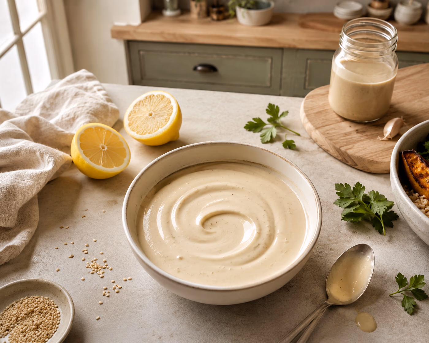 Creamy tahini sauce with lemon halves, sesame seeds, parsley, garlic, and a spoon in Mara's kitchen