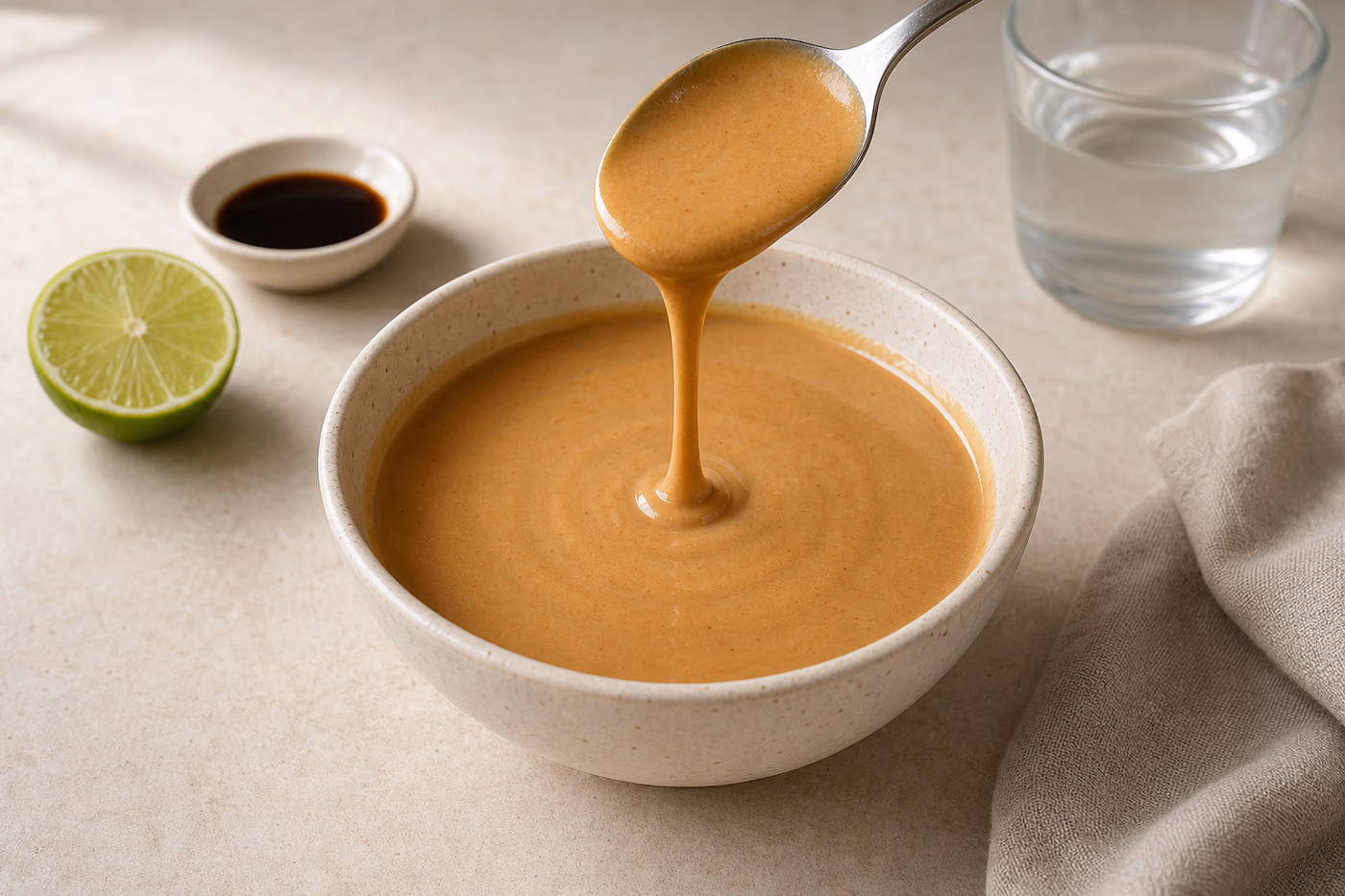 Loosened peanut sauce falling from a spoon in a smooth ribbon beside lime, soy sauce, and warm water