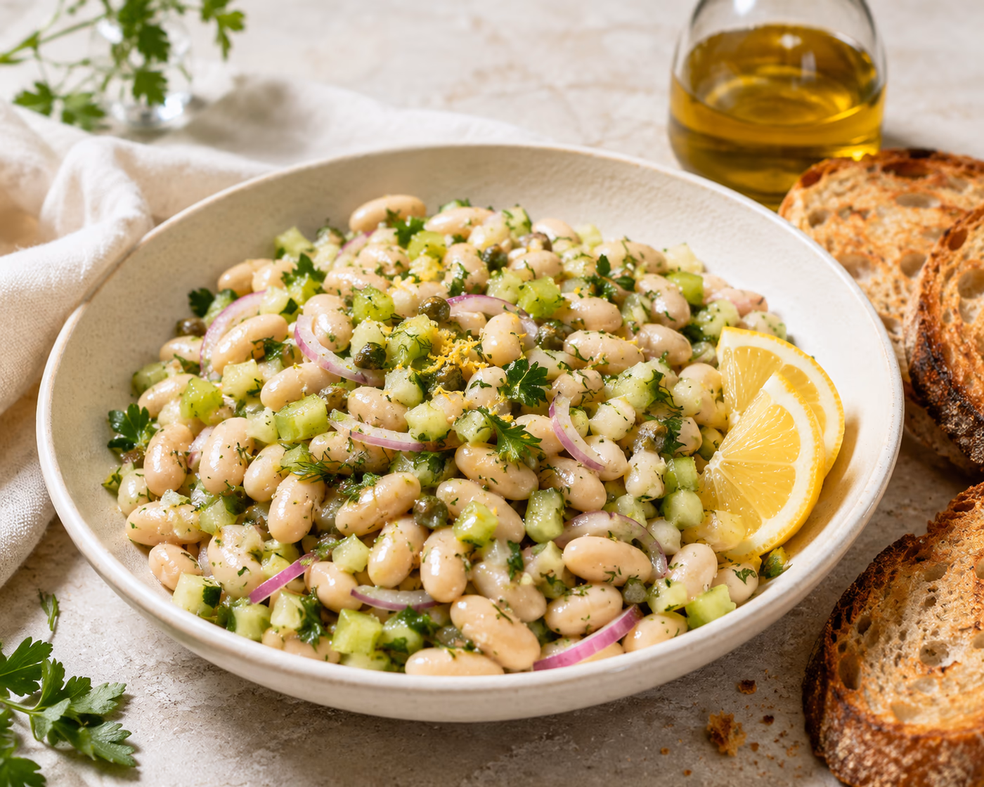 White bean salad with herbs, lemon, celery, red onion, and toasted bread in a shallow bowl