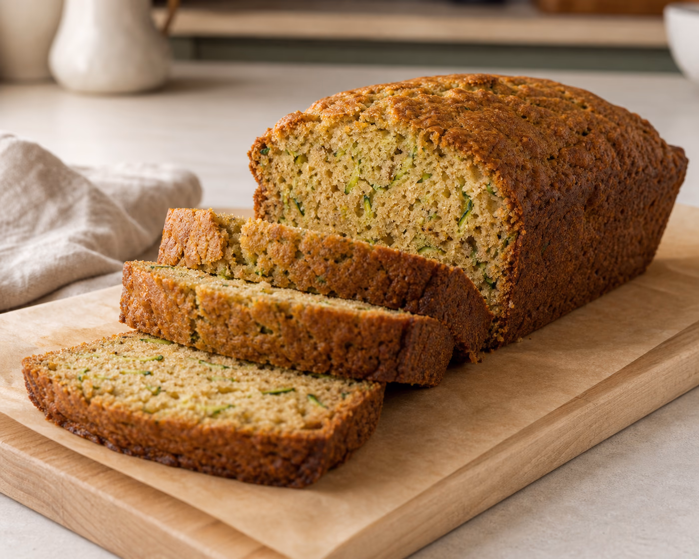 Sliced zucchini bread loaf with green zucchini flecks in the crumb