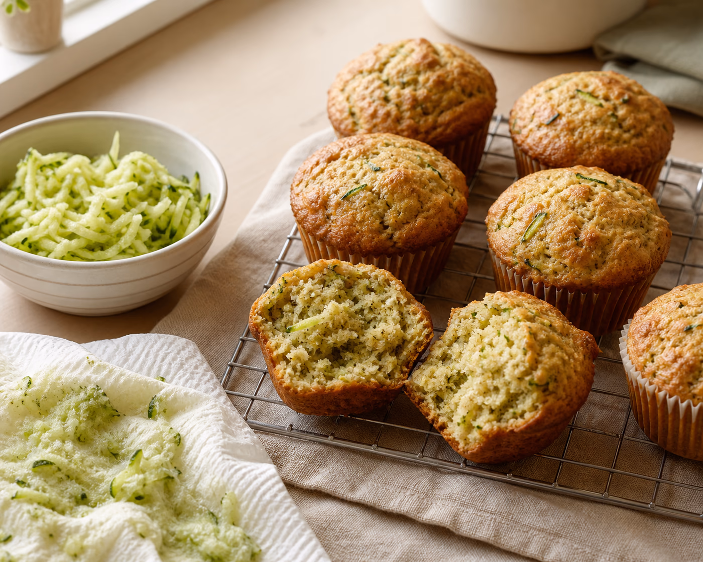 Zucchini muffins cooling on a rack with one split open beside grated zucchini and a blotted towel